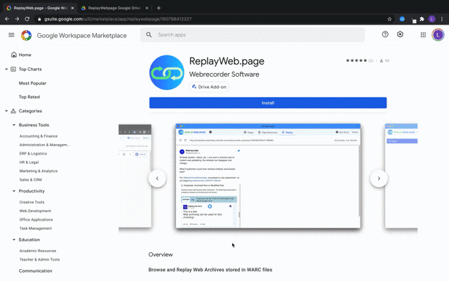 animated gif of replayweb.page google drive add-on install process